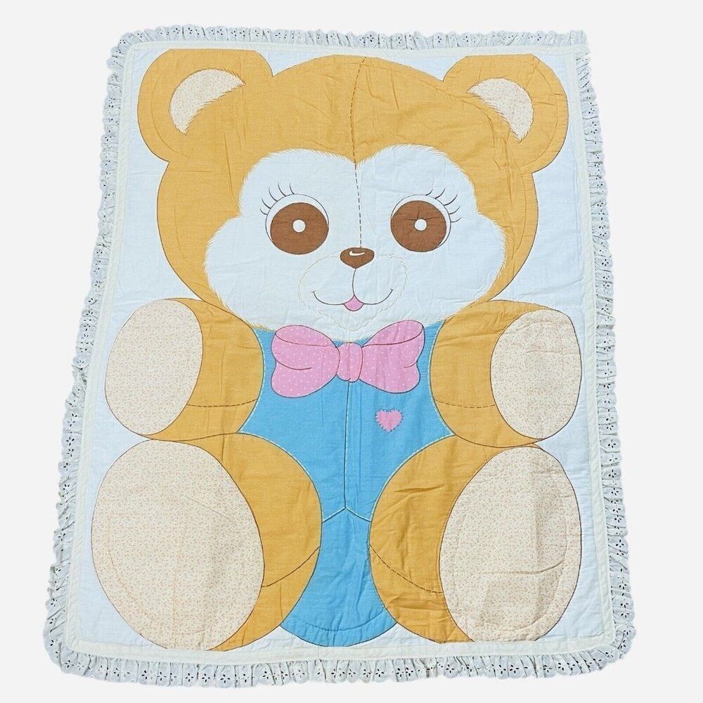 Vintage Quilted Teddy Bear Lace Trim Blanket 48 x 37 Nursery Baby Cute Kawaii